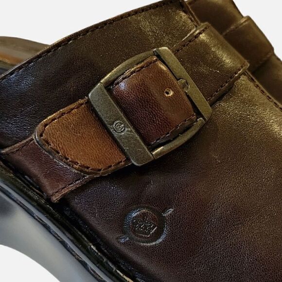 Born Handcrafted Brown Leather Wedge Heel Buckle Detail Slip-on Mule Shoe Size 8 - Picture 8 of 12